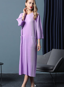 Elegant Purple Crew-neck Loose Plus Size Shirred Dress