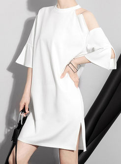 White Elegant Split Off Shoulder Shift Dress