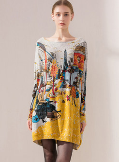 Trendy Bat Sleeve Pullover Print Knitted Dress