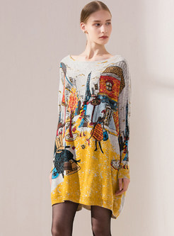 Trendy Bat Sleeve Pullover Print Knitted Dress