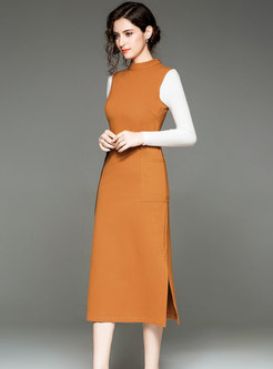 Stylish Khaki Sleeveless Stand Collar High-rise Midi Dress