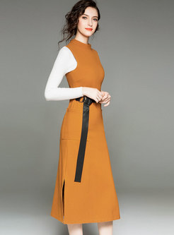 Stylish Khaki Sleeveless Stand Collar High-rise Midi Dress