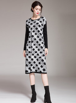 Trendy Elastic Plaid Jacquard Knitting Sweater Dress