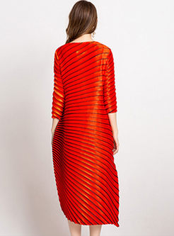 Stylish Red Crew-neck Plus Size Shimmer Irregular Dress
