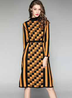 Half Turtleneck Long Sleeve Plaid Wool Dress