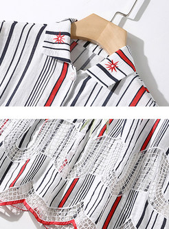 Multi-Striped Hollow Lace Splicing Tie-waist Skater Dress