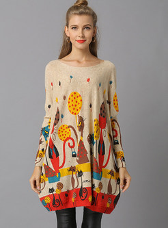 Slash Neck Long Sleeve Plus Size Print Knitted Dress