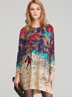 Color-blocked Slash Neck Plus Size Print Knitted Dress