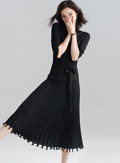 Trendy Pure Color Belted Tassel Patch Knitted Dress