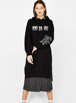 Casual Black Hooded Print Side-silt Dress