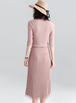 Half Sleeve Pure Belted Tassel Patch Knitted Dress