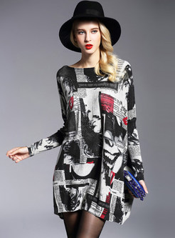Autumn Slash Neck Plus Size Print Pullover Mini Dress
