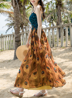 Ethnic Bohemia Peacock Print Maxi Dress