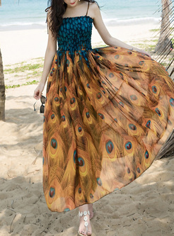Ethnic Bohemia Peacock Print Maxi Dress