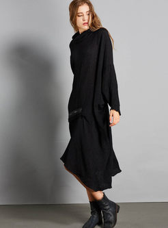 Casual Black High Neck Zipper Asymmetric Loose Dress
