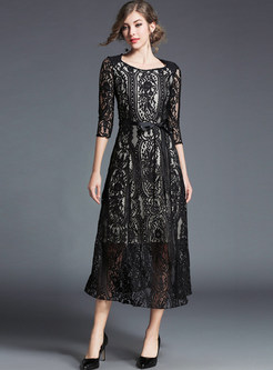 Lace Hollow Out Three Quarters Sleeve Maxi Dress