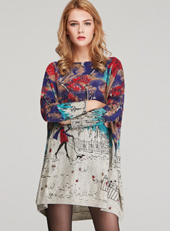 Slash Neck Long Sleeve Print Pullover Mini Knitted Dress