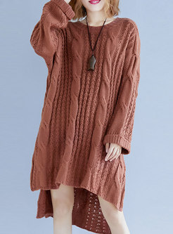 Stylish Coffee Crew-neck Asymmetric Knitted Dress