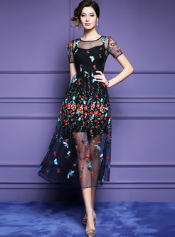 Elegant Gauze Embroidered A-line Dress