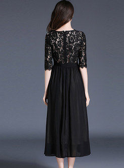 Black Lace Openwork Half Sleeve Maxi Dress