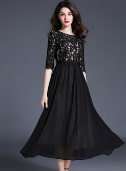Black Lace Openwork Half Sleeve Maxi Dress
