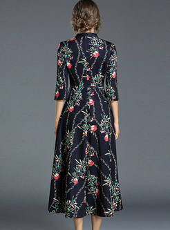 Flower Print V-neck Three Quarters Sleeve Maxi Dress