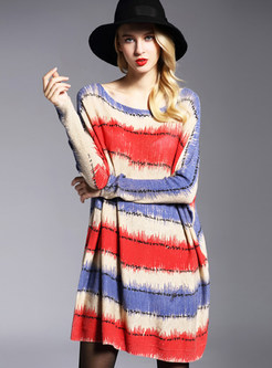 Chic Slash Neck Color-blocked Striped Loose Dress