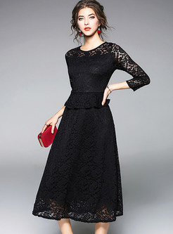 Black Lace Three Quarters Sleeve A Line Dress