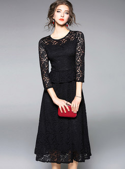 Black Lace Three Quarters Sleeve A Line Dress