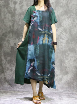 Vintage Print Short Sleeve Loose Maxi Dress