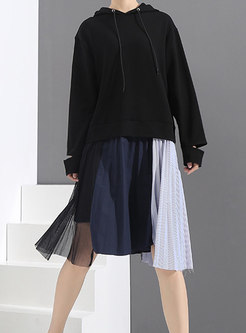 Chic Color-block Pleated Hooded Dress