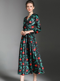 Chic Floral Print V-neck High Waist Maxi Dress