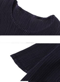 Fashionable O-neck Pleated Print A Line Dress