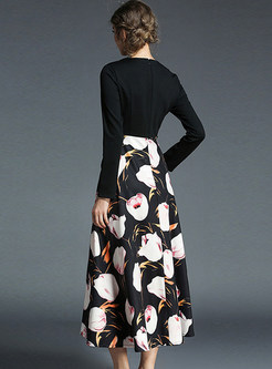 Stylish Print High Waist V-neck A Line Maxi Dress