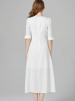 Brief White V-neck High Waist Single-breasted Hem Dress