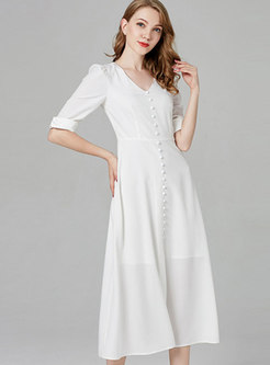 Brief White V-neck High Waist Single-breasted Hem Dress