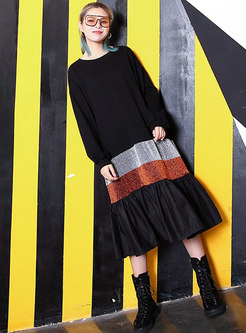 Casual Color-blocked Long Sleeve Loose Dress