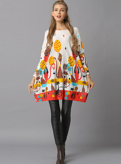 Plus Size Slash Neck Bat Sleeve Cat Print Knitted Dress