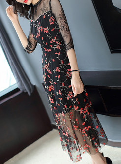 Sexy Three Quarters Sleeve Mesh Embroidered Dress
