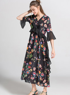 Fashion Flower All Over Print V-neck A Line Dress