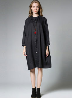 Casual Stand Collar Long Sleeve Loose Shift Dress