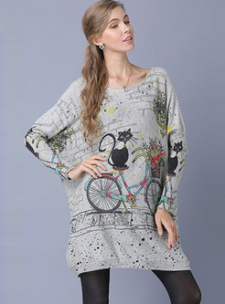Bat Sleeve Pullover Cat Print Knitted Dress