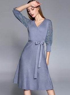 Stylish Flare Sleeve Lace-paneled All Matched Dress