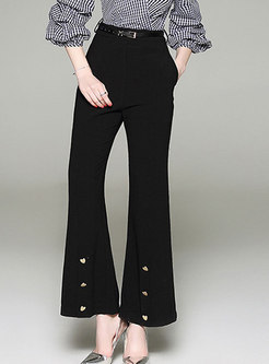 Grid Splicing Puff Sleeve Belted Flare Jumpsuit