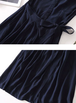 Navy Sleeveless Bowknot Split Pleated Dress