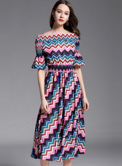 Rainbow Striped Elastic Waist A line Dress