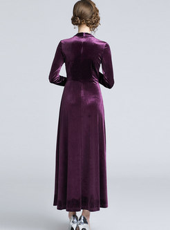 Vintage Standing Collar Velvet Pleated Maxi Dress
