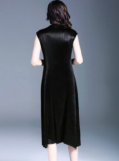 Black Elegant Sleeveless O-neck Hem Pleated Dress