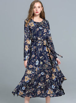 Bohemian Floral Print Elastic Waist Maxi Dress