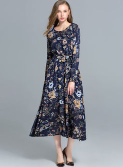 Bohemian Floral Print Elastic Waist Maxi Dress